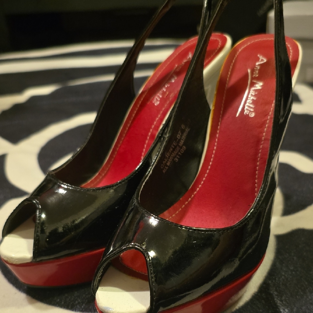Anne Michelle Glossy Black and Red Slingback Heels